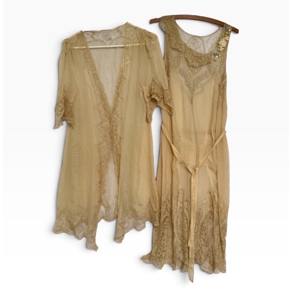 Antique Sheer Silk Lace & Chiffon Ecru 2-piece Halle Bros. Flapper Dress Set M